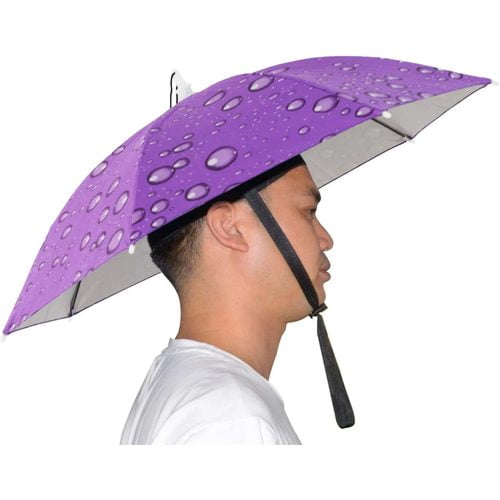 A mean wearing hands free umbrella hat