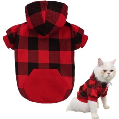 cat wearing red plaid pattern costume