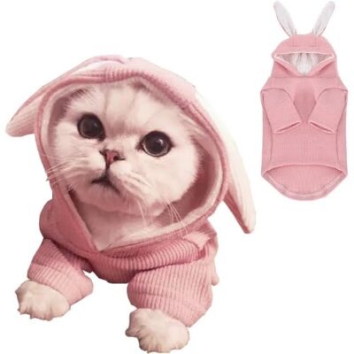 pink color bunny ears hoodie dress for cats to wear in summer spring autumn