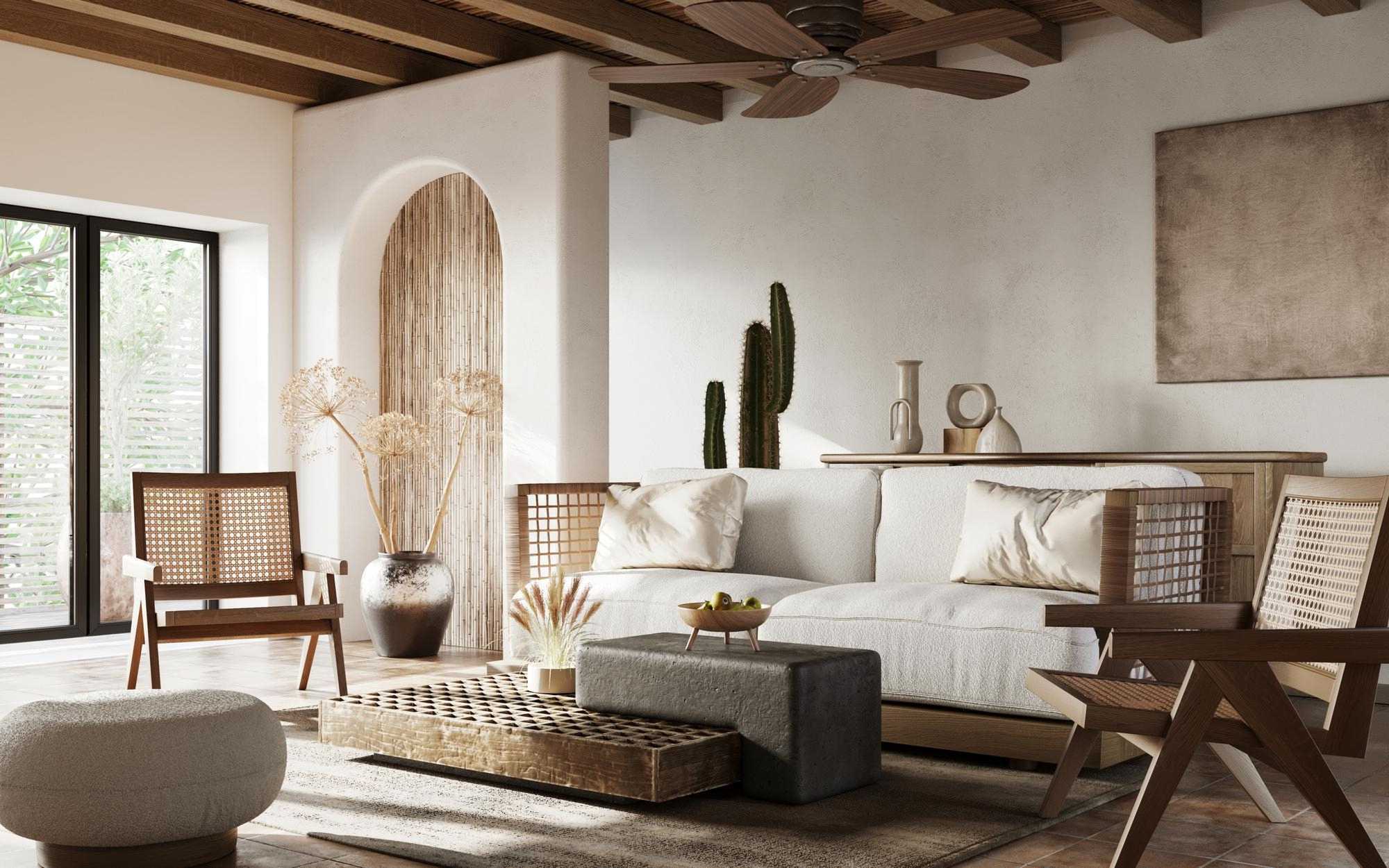 stylish living room interior with design furniture elegant accessories bamboo ceiling 3d rende