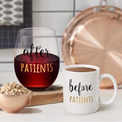 Before patients coffee mug and after patients wine glass