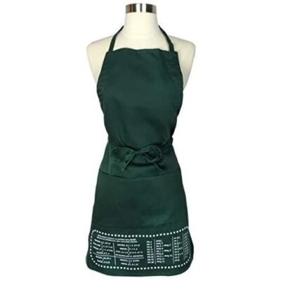 Green color baking aprong with baking instructions in the botttom of the apron