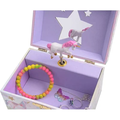 Purple color jewerly box inside with standing unicorn butterfly necklace ring and pink bracket