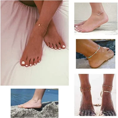 Women wearing different types of chain anklets for their foot