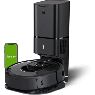 irobot roomba vacuum cleaner connected to automatic dirt disposal with smart phone control