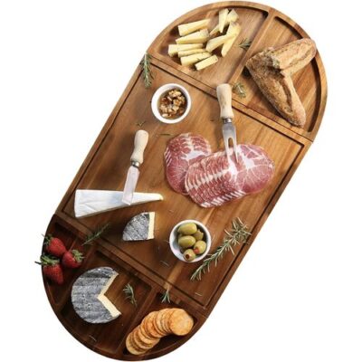 large wooden charcuterie board with side partitions with variety of cheese items crackers meat fruits along with cheese knives set large wooden charcuterie board with side partitions with variety of cheese items crackers meat fruits along with cheese knives set