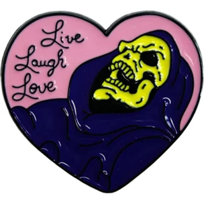 live laugh love heart shaped skeleton enamel pin