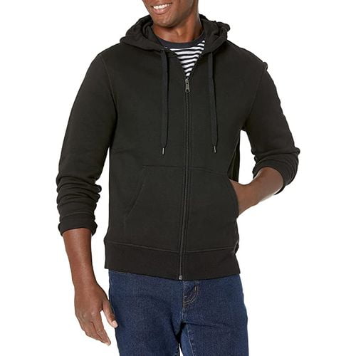 man wearing regular wear fleece jacket with adjustable hoodie and blue strip tshirt inside