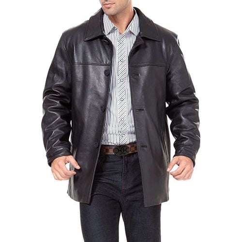 men wear leather car coat brown color inside the striped formal shirt