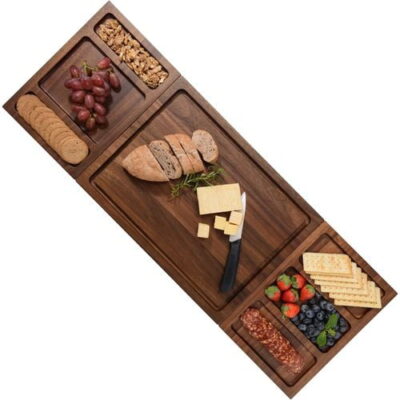 square shape double sided charcuterie board and cutting board with knife and cheese items kept on the cheese board