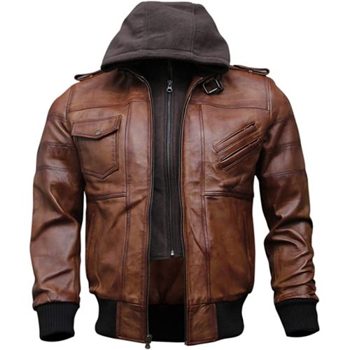 waxed brown leather jacket for bike riding with removable hoodie