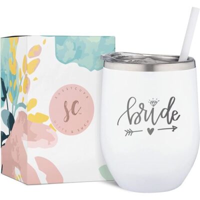 white wine tumber with bride word printed on the wine tumbler with lid and straw