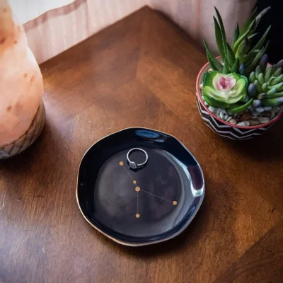 A ring kept on the zodiac libra constellation tray besides the succulent plant