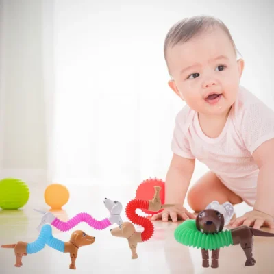 Baby playing with autism pop tube dogs