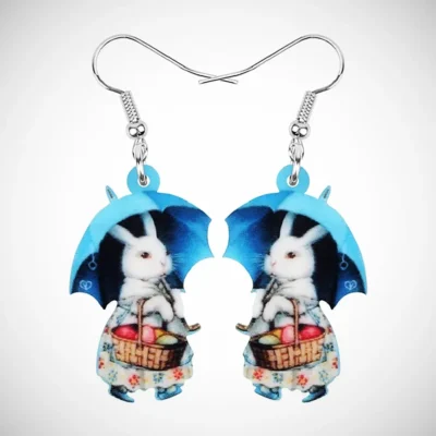 Bunny wearing cute dress holding fruit basket and Umbrella Earring 14