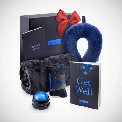 Get well soon care gift with books socks message card soft throw blanket