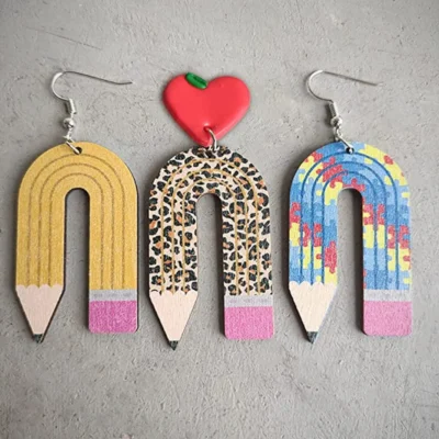 U Shape Wooden Pencil Rule Earring and Leopard Earring With Heart Shape 5