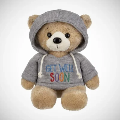 bear toy with hooded sweetshirt written get well soon message