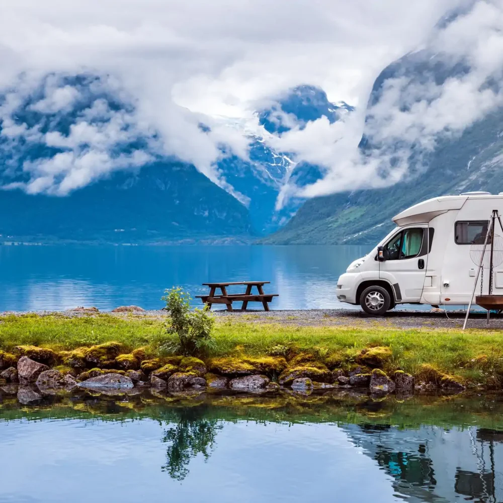 family vacation travel rv holiday trip motorhome caravan car vacation beautiful nature norway natural landscape