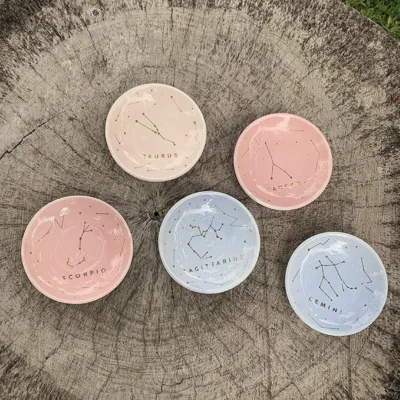 set of zodiac plates in pink blue cream color kept on the wood