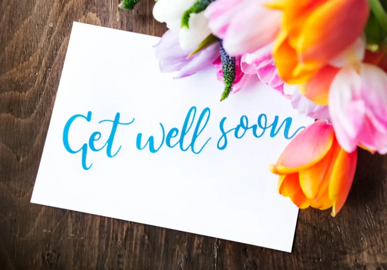 tulips flowers bouquet with get well soon wishing card