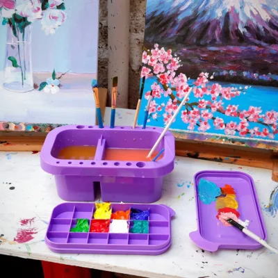 Paint brush Plastic palette used to paint a nature watercolor poster and flower vase poster