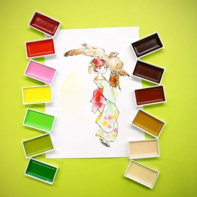 Painting of a girl with bird using watercolors