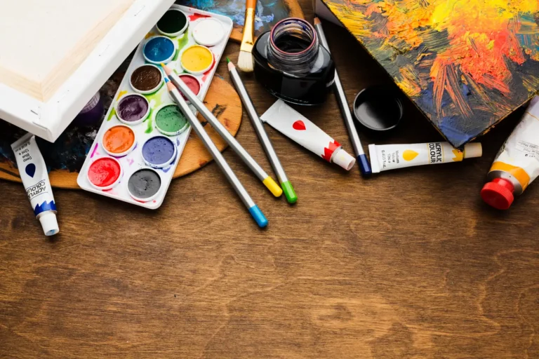 top view stationery items creativity art studio artists